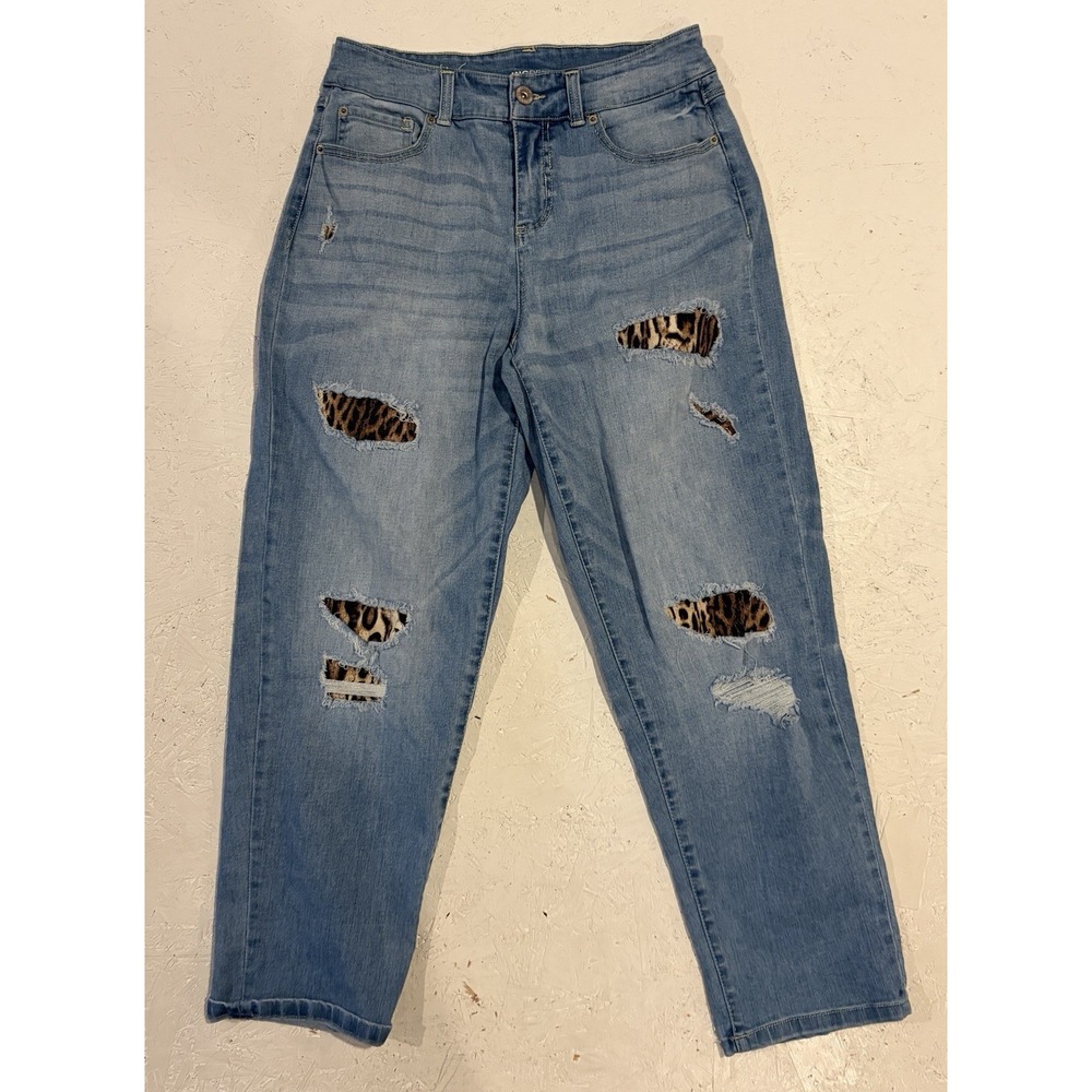 INC Denim Boyfriend Jeans W 8/29 Blue Mid Rise Distressed Cheetah Spots